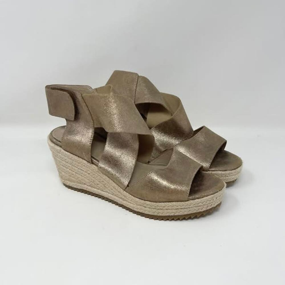 Eileen Fisher Willow Wedge Sandals Womens 6 Gold Shimmer Suede Espadrille‎